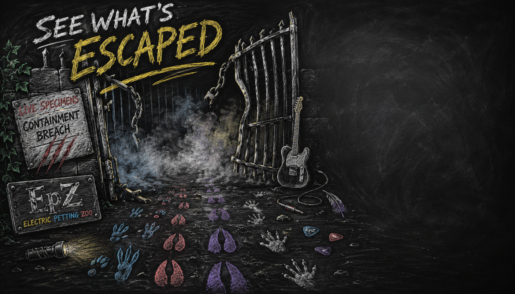 See what escaped: an open animal enclosure with colorful tracks leading away