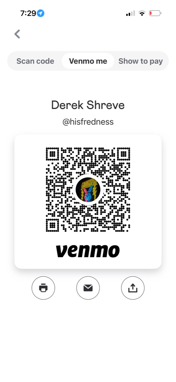 Venmo QR code for Derek Shreve at hisfredness